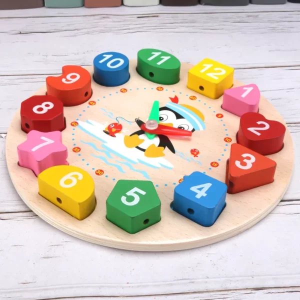 Montessori Wooden Clock Puzzle Cartoon Animal Tangram Cognitive Digital Clock Kids Early Educational Threading Assembly Toys | DaniGa