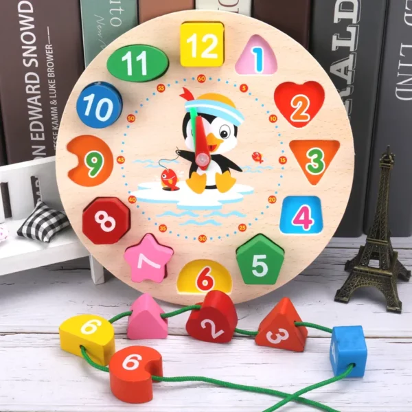 Montessori Wooden Clock Puzzle Cartoon Animal Tangram Cognitive Digital Clock Kids Early Educational Threading Assembly Toys | DaniGa