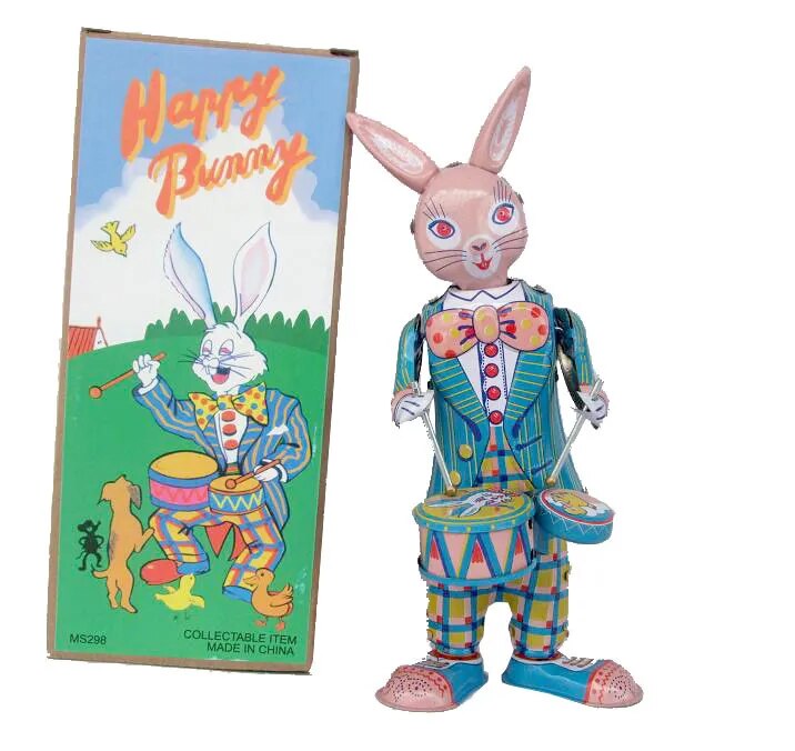 [Funny] Classic collection Retro Clockwork happy bunny rabbit Wind up Metal Walking Tin play drum rabbit robot Mechanical toy | DaniGa